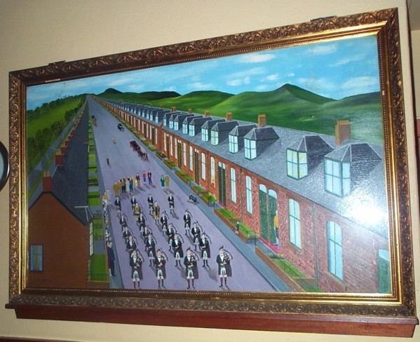 Artistic painting of Allandale Pipe Band marching through the village in traditional Scottish Highland dress