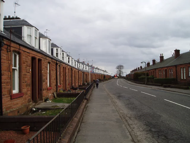 Historic red Dumfries sandstone cottages of Allandale village built on the Antonine Wall with characteristic Scottish architecture
