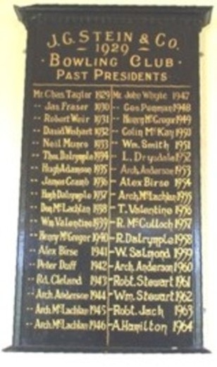 J.G. Stein & Co. Bowling Club Past Presidents Board